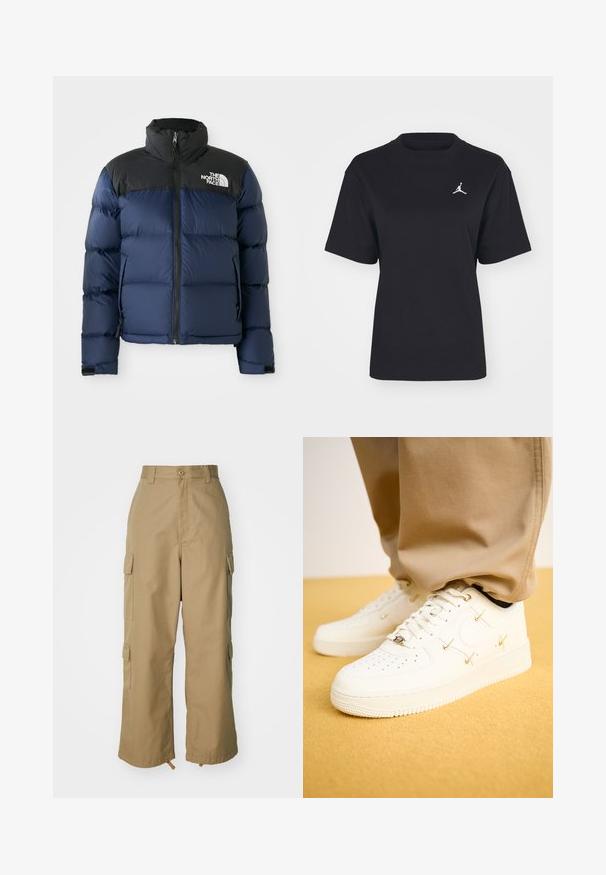 Tumesinine puhvjakindel jakk, musta kapuutsi ja õlgadega, esiküljel lukk, õmmeldud muster ja logo vasakul rindkeres.; Mustiseks värvitud puuvillane T-särk ümmarguse kaela ja lühikeste varrukatega. Vasakul rinnal on valge Jumpmani logo. Sile tekstuur, tavaline lõige.; Beezid kargo püksid kõrge vöökohaga, laiad jalad ja neli suurt külgtaskut. Valmistatud vastupidavast kangast, millel on sile tekstuur ja minimaalne detail.; Valge nahast tossud perforatsiooniga varbaküljel, kuldsed aktsendid ja lame nöör, koos beežide pükstega tekstureeritud kollasel pinnal.