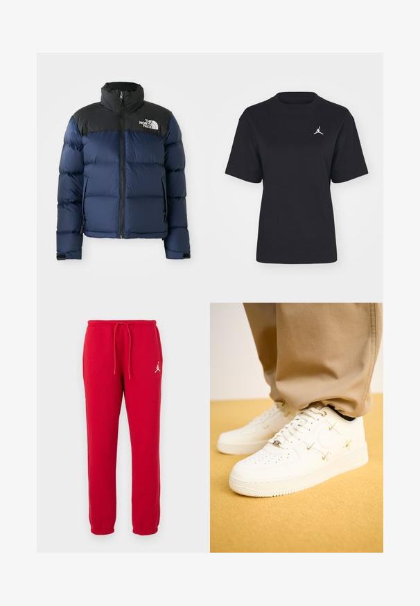 Námorně modrá péřová bunda s černou kapucí a rameny, s předním zipem, prošívaným vzorem a logem na levé hrudi.; Černé bavlněné tričko s kulatým výstřihem a krátkými rukávy. Na levé straně hrudi se nachází bílé logo Jumpman. Hladká textura, standardní střih.; Červené bavlněné tepláky s šňůrkou v pase, elastickými manžetami a bílým logem na levém stehně. Hladká textura, normální střih.; Bílé kožené tenisky s perforovanou špičkou, zlatými akcenty a plochými tkaničkami, spárované s béžovými kalhotami na texturovaném žlutém povrchu.