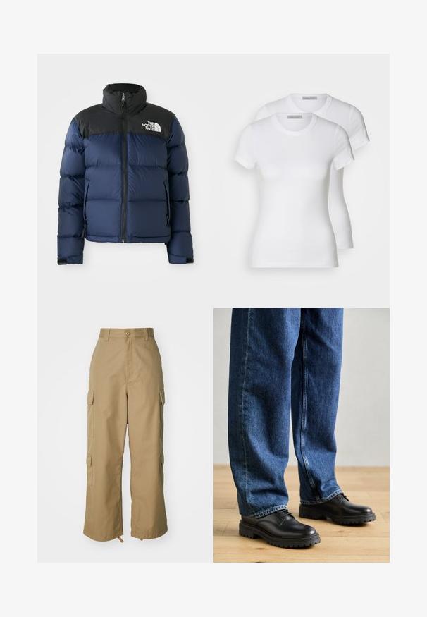 Tums zilas pūkainā jakas ar melnu kapuci un pleciem, ar priekšējo rāvējslēdzēju, šūtu rakstu un logotipu kreisajā krūtīs.; Divi balti kokvilnas t-krekli ar īsām piedurknēm, apaļām kakla izgriezumiem un pieguļošu siluetu, ar gludu tekstūru un minimālistisku dizainu.; Bēša kravas bikses ar augstu jostasvietu, platām kājām un četriem lieliem sānu kabatām. Izgatavotas no izturīgas auduma ar gludu tekstūru un minimālām detaļām.; Melnas ādas kurpes ar noapaļotu pirkstu, saistāmu dizainu un biezām, teksturētām gumijas zolēm, kombinētas ar brīvi pieguļošām zils džinsu biksēm.