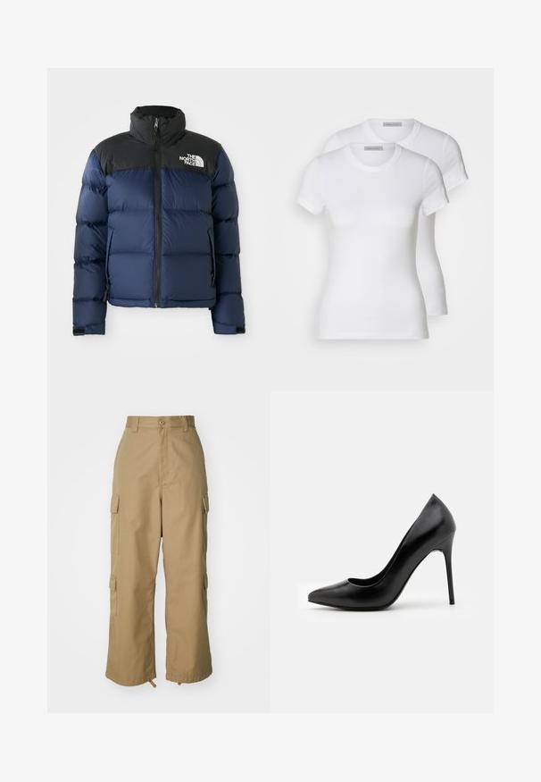 Tamno plava zimska jakna s kapuljačom i ramenima u crnoj boji, koja ima prednji zip, prošiveni uzorak i logo na lijevoj strani grudi.; Dvije bijele pamučne majice kratkih rukava, s okruglim izrezima i uskim krojem, s glatkom teksturom i minimalističkim dizajnom.; Bež cargo hlače visokog struka, širokih nogavica i četiri velika bočna džepa. Napravljene su od izdržljivog materijala s glatkom teksturom i minimalnim detaljima.; Crne kožne štikle s visokom potpeticom, šiljastim prstom i glatkom teksturom. Imaju usku špicastu potpeticu i niskog kroja dizajn vampirine.