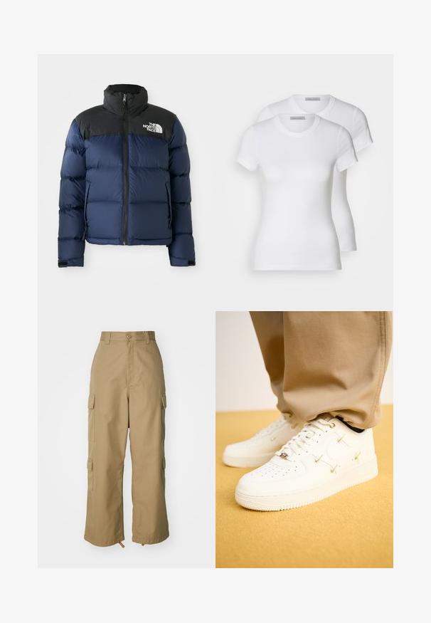 Sötétkék pufi dzseki fekete kapucnival és vállakkal, elülső cipzárral, steppelt mintázattal és logóval a bal mellkas területén.; Két fehér pamut póló rövid ujjal, kerek nyakkivágással és karcsú szabással, sima textúrával és minimalista dizájnnal.; Beige vászon nadrág magas derékkal, széles lábakkal és négy nagy oldalzsebbel. Tartós anyagból készült, sima textúrával és minimális részletekkel.; Fehér bőr sportcipő perforált orral, arany kiegészítőkkel és lapos fűzőkkel, bézs nadrággal párosítva egy texturált sárga felszínen.