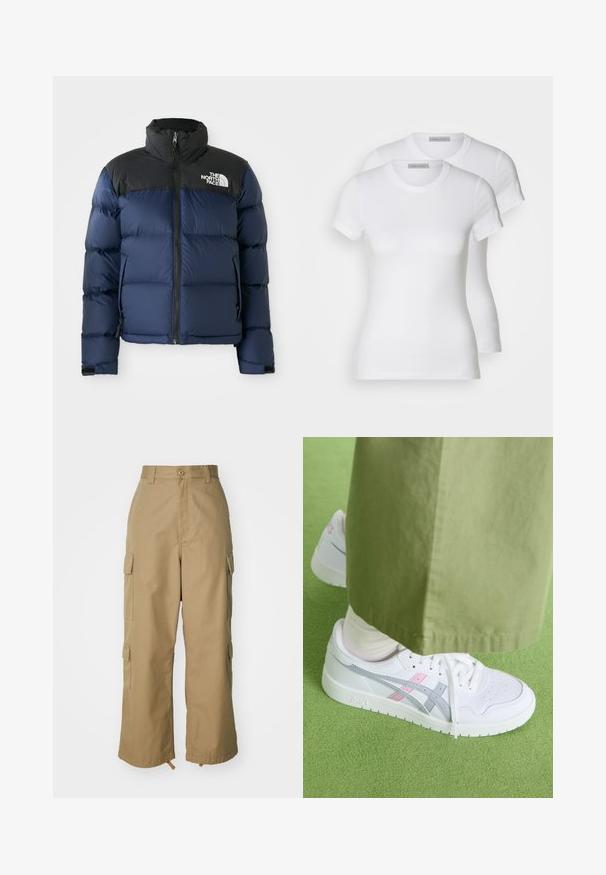 Casaco puffer azul-marinho com capuz e ombros pretos, apresentando fecho éclair frontal, padrão costurado e logótipo na área do peito esquerdo.; Duas t-shirts de algodão brancas com mangas curtas, decote redondo e uma silhueta ajustada, exibindo uma textura suave e design minimalista.; Calças cargo bege com uma cintura alta, pernas largas e quatro grandes bolsos laterais. Feitas de um tecido resistente com uma textura suave e minimalista.; Sapatilhas brancas com detalhes cinzas e rosas, apresentando um cabedal de couro liso, biqueira perfurada e sola branca plana, combinadas com calças verdes-oliva.