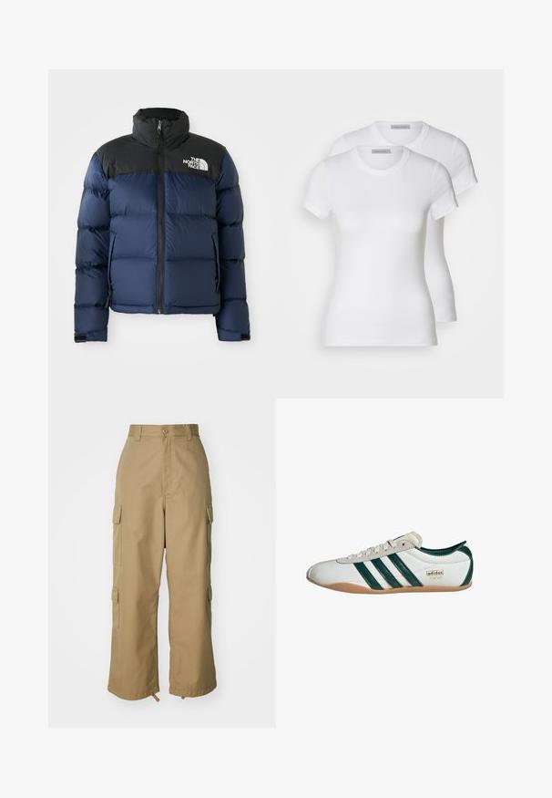 Casaco puffer azul-marinho com capuz e ombros pretos, apresentando fecho éclair frontal, padrão costurado e logótipo na área do peito esquerdo.; Duas t-shirts de algodão brancas com mangas curtas, decote redondo e uma silhueta ajustada, exibindo uma textura suave e design minimalista.; Calças cargo bege com uma cintura alta, pernas largas e quatro grandes bolsos laterais. Feitas de um tecido resistente com uma textura suave e minimalista.; Ténis brancos com riscas verdes, parte superior em camurça e sintético, sola em borracha de goma, bico redondo e detalhe do logo "adidas TOKYO".