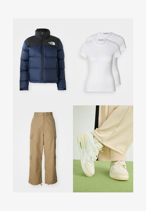 Tumesinine puhvjakindel jakk, musta kapuutsi ja õlgadega, esiküljel lukk, õmmeldud muster ja logo vasakul rindkeres.; Kaks valget puuvillast T-särki lühikeste varrukatega, ümarate kaelustega ja kitseneva siluetiga, millel on sujuv tekstuur ja minimalistlik disain.; Beezid kargo püksid kõrge vöökohaga, laiad jalad ja neli suurt külgtaskut. Valmistatud vastupidavast kangast, millel on sile tekstuur ja minimaalne detail.; Valged tenniseketid, millel on nahast detailid, perforatsioonidega disain ja reguleeritav rihm. Kannan beežide laia säärega pükstega rohelise pinna peal.