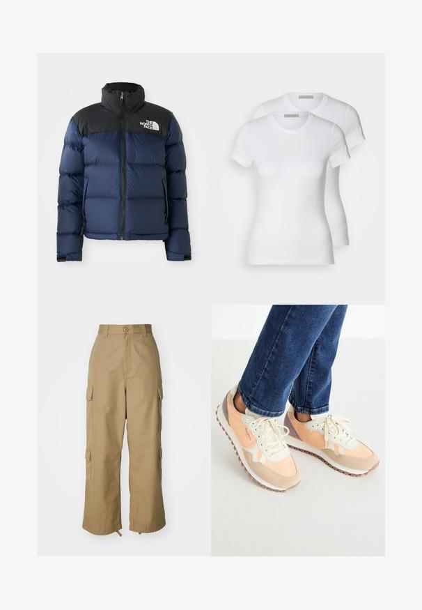 Navy blue puffer jacket with black hood and shoulders, featuring a front zip, stitched pattern, and logo on the left chest area.; Two white cotton t-shirts with short sleeves, round necklines, and a fitted silhouette, displaying a smooth texture and minimalistic design.; Beige cargo pants with a high waist, wide legs, and four large side pockets. Made of durable fabric with a smooth texture and minimal detail.; Lightweight sneakers in peach and cream tones, featuring suede and mesh material, lace-up design, and rubber sole with traction.