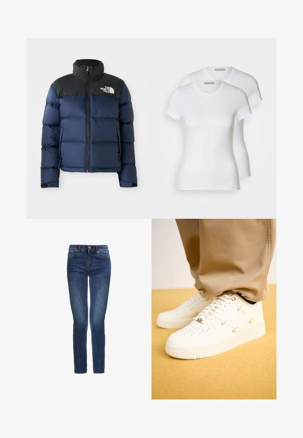 Chaqueta acolchada azul marino con capucha y hombros negros, que cuenta con un cierre frontal, patrón cosido y logotipo en el área del pecho izquierdo.; Dos camisetas de algodón blancas con mangas cortas, escote redondo y silueta ajustada, que muestran una textura suave y un diseño minimalista.; Vaqueros de mezclilla ajustados de un azul oscuro con bolsillos frontales, presillas para cinturón y cierre de botón.; Zapatillas de piel blanca con puntera perforada, acentos dorados y cordones planos, combinadas con pantalones beige sobre una superficie amarilla texturizada.