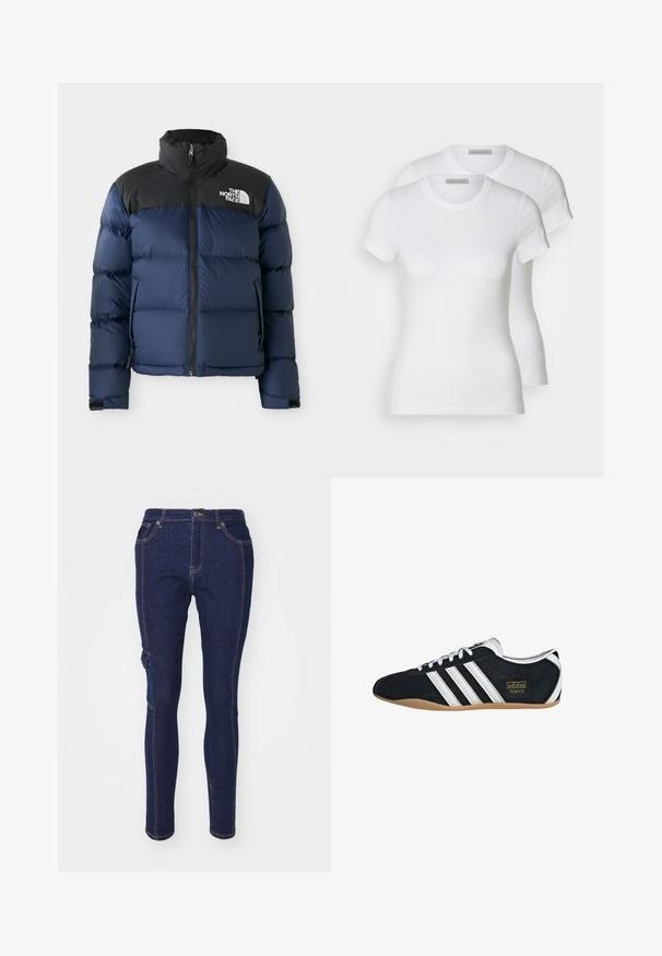 Tamno plava zimska jakna s kapuljačom i ramenima u crnoj boji, koja ima prednji zip, prošiveni uzorak i logo na lijevoj strani grudi.; Dvije bijele pamučne majice kratkih rukava, s okruglim izrezima i uskim krojem, s glatkom teksturom i minimalističkim dizajnom.; Tamno plave traperice uskog kroja, s klasičnim dizajnom od pet džepova i kontrastnim narančastim šavovima. Nema izraženih uzoraka ili naglasaka.; Crne suede tenisice s bijelim tri pruga, zlatnim logotipom i smešnim gumene potplate. Imaju nisku pertla dizajn.