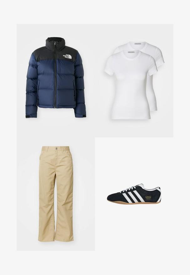 Doudoune bleu marine avec capuche et épaules noires, dotée d'une fermeture éclair à l'avant, d'un motif piqué et d'un logo sur la partie gauche de la poitrine.; Deux t-shirts en coton blanc à manches courtes, à encolure ronde et à coupe ajustée, présentant une texture lisse et un design minimaliste.; Pantalons larges en coton beige avec une texture lisse, dotés de poches avant et d'un bouton en argent à la taille.; Sneakers en suede noir avec trois bandes blanches, logo doré et semelle en caoutchouc marron. Présente un design à lacets à profil bas.