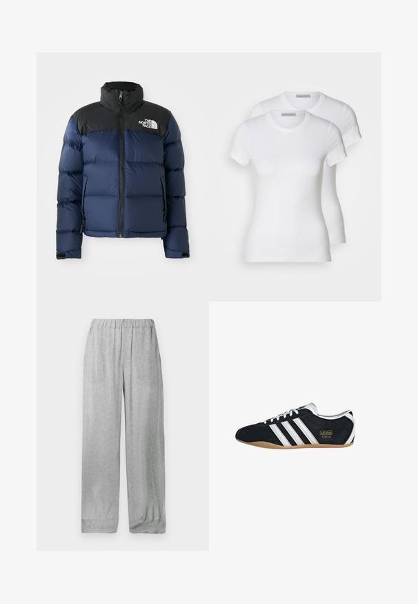 Tummansininen puffatakki mustalla hupulla ja olkapäillä, joka sisältää etuvetoketjun, ommellun kuvion ja logon vasemmassa rintakohdassa.; Kaksi valkoista puuvillapaitaa, joissa on lyhyet hihat, pyöreät kaula-aukot ja vartalonmyötäinen malli, näyttäen sileältä ja minimalistiselta.; Vaaleanharmaat resorivyötärölliset housut, joissa on hillitty valkoinen kukkakuosi kauttaaltaan, suoralahkeinen löysä leikkaus ja käännetyt lahkeensuut.; Mustat mokkakengät, joissa on valkoiset kolme raitaa, kultainen logo ja ruskea kumipohja. Varustettu matalaprofiilisella nauhakiinnityksellä.