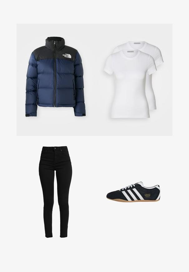 Giacca a vento blu navy con cappuccio e spalle nere, caratterizzata da una zip frontale, un motivo cucito e un logo sull'area sinistra del petto.; Due t-shirt bianche in cotone con maniche corte, scollatura rotonda e silhouette aderente, presentano una texture liscia e un design minimalista.; Jeans skinny neri a vita alta realizzati in denim elasticizzato, con bottone frontale, chiusura a zip e cinque tasche per funzionalità.; Sneaker in pelle scamosciata nera con tre strisce bianche, logo dorato e suola in gomma marrone. Caratterizzato da un design a lacci a profilo basso.
