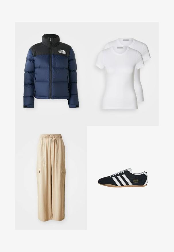 Mørkeblå puffjakke med sort hætte og skuldre, der har en frontlynlås, quiltet mønster og logo på venstre brystområde.; To hvide bomulds t-shirts med korte ærmer, rund halsudskæring og en tætsiddende silhuet, der viser en glat tekstur og et minimalistisk design.; Beige cargo bukser med brede ben, lavet af et let materiale. Har et elastisk taljebånd, snoretræk og sidelommer med klapper.; Sort ruskinds sneaker med hvide tre striber, guldlogo og en brun gummisål. Har et lavprofil snørebåndsdesign.