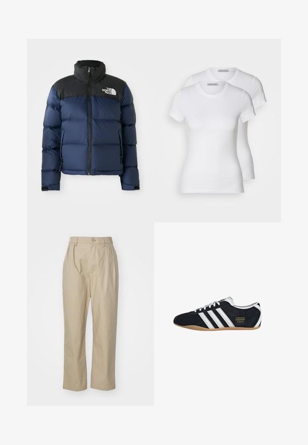 Navy blue puffer jacket with black hood and shoulders, featuring a front zip, stitched pattern, and logo on the left chest area.; Two white cotton t-shirts with short sleeves, round necklines, and a fitted silhouette, displaying a smooth texture and minimalistic design.; Beige trousers made of cotton, featuring a relaxed fit, front pleats, a single button closure, and straight legs with stitched hems.; Black suede sneaker with white three stripes, gold logo, and a brown rubber sole. Features a low-profile lace-up design.