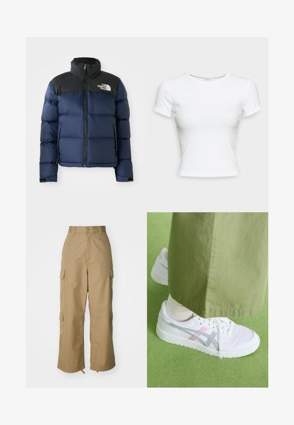 Tamno plava zimska jakna s kapuljačom i ramenima u crnoj boji, koja ima prednji zip, prošiveni uzorak i logo na lijevoj strani grudi.; Bijela majica kratkih rukava izrađena od glatkog pamučnog materijala. Ima jednostavan okrugli izrez i prilagođeni kroj. Bez uzoraka ili ukrasa.; Bež cargo hlače visokog struka, širokih nogavica i četiri velika bočna džepa. Napravljene su od izdržljivog materijala s glatkom teksturom i minimalnim detaljima.; Bijele tenisice sivo-ružičastih naglasaka, s glatkim kožnim gornjim dijelom, perforiranim prednjim dijelom i ravnim bijelim potplatom, u kombinaciji s maslinasto zelenim hlačama.