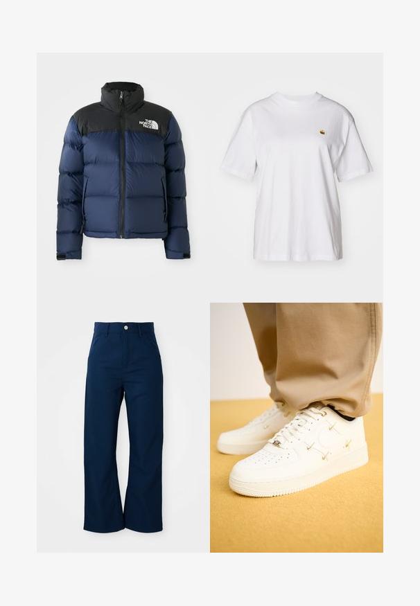 Navy blue puffer jacket with black hood and shoulders, featuring a front zip, stitched pattern, and logo on the left chest area.; White cotton t-shirt with a relaxed fit, short sleeves, and a small embroidered logo on the left chest area.; Navy blue wide-leg trousers made of sturdy fabric, featuring a front button closure and four pockets with a smooth texture.; White leather sneakers with perforated toe, golden accents, and flat laces, paired with beige pants on a textured yellow surface.