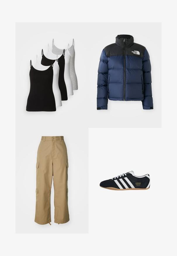 Giacca a vento blu navy con cappuccio e spalle nere, caratterizzata da una zip frontale, un motivo cucito e un logo sull'area sinistra del petto.; Cinque canotte senza maniche in nero, bianco e grigio chiaro. Realizzate in un tessuto liscio ed elasticizzato con spalline regolabili e scollature arrotondate.; Pantaloni cargo beige con vita alta, gamba ampia e quattro grandi tasche laterali. Realizzati in un tessuto resistente con una texture liscia e dettagli minimi.; Sneaker in pelle scamosciata nera con tre strisce bianche, logo dorato e suola in gomma marrone. Caratterizzato da un design a lacci a profilo basso.