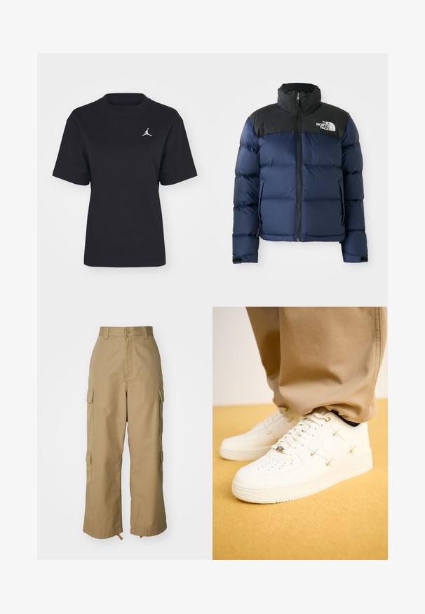 Sötétkék pufi dzseki fekete kapucnival és vállakkal, elülső cipzárral, steppelt mintázattal és logóval a bal mellkas területén.; Fekete pamut póló kerek nyakkal és rövid ujjakkal. Bal mellen fehér Jumpman logóval rendelkezik. Sima tapintású, normál szabású.; Beige vászon nadrág magas derékkal, széles lábakkal és négy nagy oldalzsebbel. Tartós anyagból készült, sima textúrával és minimális részletekkel.; Fehér bőr sportcipő perforált orral, arany kiegészítőkkel és lapos fűzőkkel, bézs nadrággal párosítva egy texturált sárga felszínen.