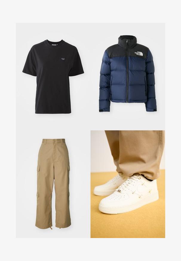 Marineblaue Steppjacke mit schwarzer Kapuze und Schultern, ausgestattet mit einem Reißverschluss vorne, genähtem Muster und Logo im linken Brustbereich.; Schwarzes Baumwoll-T-Shirt mit Rundhalsausschnitt, kurzen Ärmeln und einem kleinen herzförmigen Logo in der oberen linken Ecke. Glatte Textur, lockere Passform.; Beige Cargo-Hosen mit hoher Taille, weitem Bein und vier großen Seitentaschen. Aus strapazierfähigem Stoff mit glatter Textur und minimalen Details.; Weiße Leder-Sneaker mit perforierter Zehenpartie, goldenen Akzenten und flachen Schnürsenkeln, kombiniert mit beigen Hosen auf einer strukturierten gelben Oberfläche.