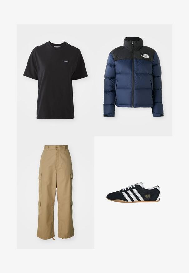 Námorně modrá péřová bunda s černou kapucí a rameny, s předním zipem, prošívaným vzorem a logem na levé hrudi.; Černé bavlněné tričko s kulatým výstřihem, krátkými rukávy a malým srdíčkovým logem v levém horním rohu. Hladká textura, uvolněný střih.; Béžové cargo kalhoty s vysokým pasem, širokými nohavicemi a čtyřmi velkými bočními kapsami. Vyrobené z odolné tkaniny s hladkým povrchem a minimálními detaily.; Černé semišové tenisky s bílými třemi pruhy, zlatým logem a hnědou gumovou podrážkou. Mají nízkoprofilový design se šněrováním.