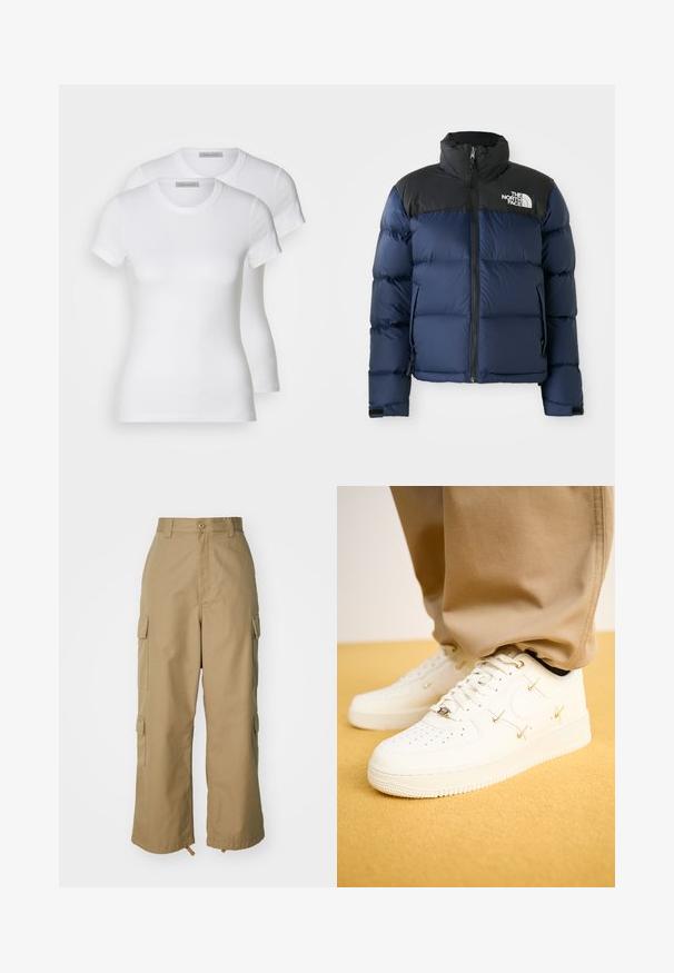 Giacca a vento blu navy con cappuccio e spalle nere, caratterizzata da una zip frontale, un motivo cucito e un logo sull'area sinistra del petto.; Due t-shirt bianche in cotone con maniche corte, scollatura rotonda e silhouette aderente, presentano una texture liscia e un design minimalista.; Pantaloni cargo beige con vita alta, gamba ampia e quattro grandi tasche laterali. Realizzati in un tessuto resistente con una texture liscia e dettagli minimi.; Sneakers bianchi in pelle con punta perforata, dettagli dorati e lacci piatti, abbinati a pantaloni beige su una superficie gialla texturizzata.