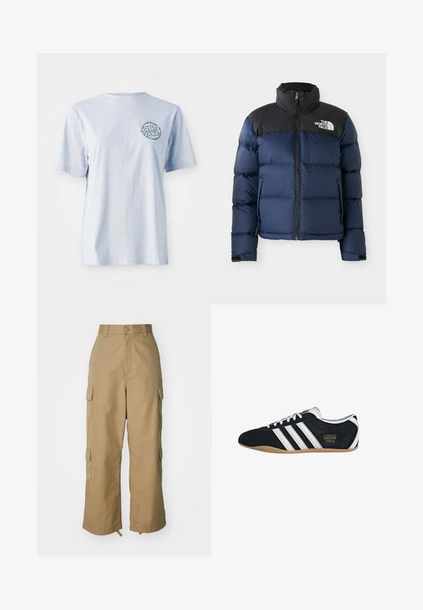 Tamsiai mėlynas pūkuotas švarkas su juodu gobtuvu ir pečiais, turintis priekines užtrauktuką, siuvinėtą raštą ir logotipą kairėje krūtinės pusėje.; Šviesiai mėlynos spalvos medvilnės marškinėliai su trumpomis rankovėmis, su tamsiai mėlynu apvaliu logotipo grafiku kairėje krūtinės pusėje.; Šviesiai rudos spalvos cargo kelnės su aukštu liemeniu, plačiomis kojomis ir keturiomis didelėmis šoninėmis kišenėmis. Pagamintos iš patvarios medžiagos su lygiu paviršiumi ir minimaliais detalėmis.; Juodas zomšinis sportbačiai su baltomis trimis juostelėmis, auksine logotipu ir rudai guma pagamintu padu. Pasižymi žemu profiliu ir raišteliais.