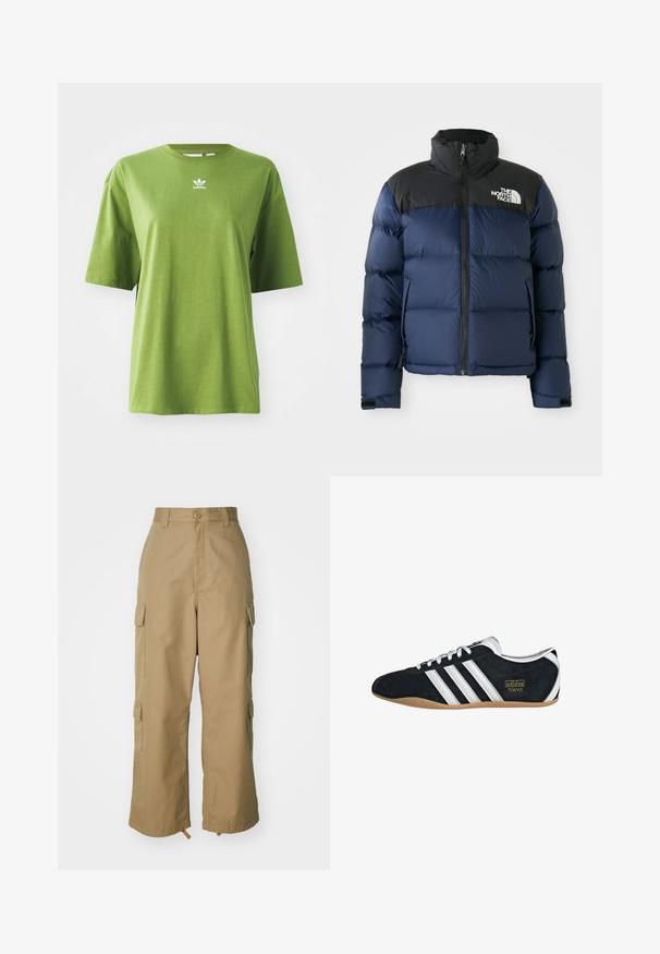 Chaqueta acolchada azul marino con capucha y hombros negros, que cuenta con un cierre frontal, patrón cosido y logotipo en el área del pecho izquierdo.; Camiseta de algodón verde con mangas cortas, escote redondo y logo de Adidas en blanco en el pecho. Textura suave, corte relajado.; Pantalones cargo beige con cintura alta, piernas amplias y cuatro grandes bolsillos laterales. Fabricados con un tejido duradero y una textura suave, con un detalle mínimo.; Zapatillas de ante negro con tres franjas blancas, logotipo dorado y suela de goma marrón. Presentan un diseño de cordones de perfil bajo.