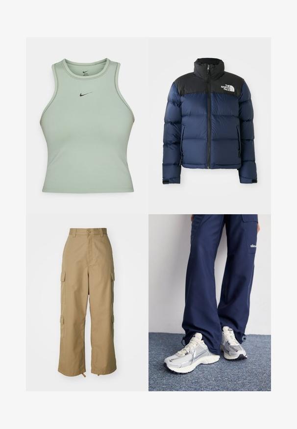 Tamno plava zimska jakna s kapuljačom i ramenima u crnoj boji, koja ima prednji zip, prošiveni uzorak i logo na lijevoj strani grudi.; Svijetlozeleni bez rukava atletski majica od glatkog materijala. Sadrži mali crni Nike logo sprijeda i suptilne detalje šivanja.; Bež cargo hlače visokog struka, širokih nogavica i četiri velika bočna džepa. Napravljene su od izdržljivog materijala s glatkom teksturom i minimalnim detaljima.; Nike atletske tenisice sa srebrnom mrežom, bijelim naglascima i strukturiranim potplatima, u kombinaciji s širokim tamnoplavim hlačama.