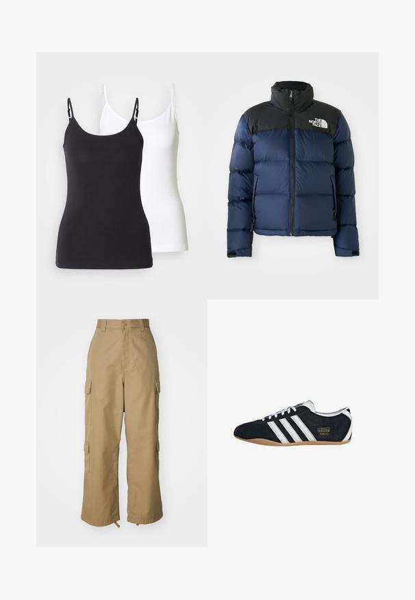 Námornícky modrá pufovaná bunda s čiernou kapucňou a ramenami, so zipsom vpredu, prešitým vzorom a logom na ľavej strane hrudi.; Čierne a biele bavlnené tielka s nastaviteľnými tenkými ramienkami, s priliehavým strihom a hladkou textúrou.; béžové cargo nohavice s vysokým pásom, širokými nohavicami a štyrmi veľkými bočnými vreckami. Vyrobené z odolnej tkaniny s hladkou textúrou a minimálnymi detailmi.; Čierne semišové tenisky s bielymi tromi pruhmi, zlatým logom a hnedou gumovou podrážkou. Disponujú nízkym šnurovacím dizajnom.