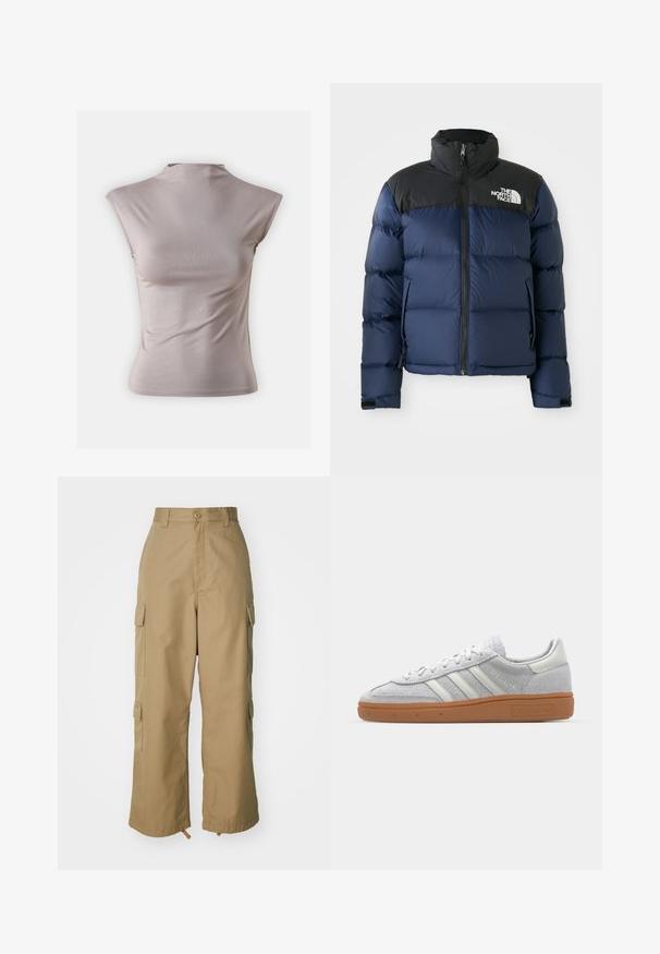 Tumesinine puhvjakindel jakk, musta kapuutsi ja õlgadega, esiküljel lukk, õmmeldud muster ja logo vasakul rindkeres.; Kerge roosa ilma varrukateta särk, mis on valmistatud pehmest ja venivast kangast, millel on kõrge kõrge kaelus ja sile, salliv siluett.; Beezid kargo püksid kõrge vöökohaga, laiad jalad ja neli suurt külgtaskut. Valmistatud vastupidavast kangast, millel on sile tekstuur ja minimaalne detail.; Heledad hallhall kreemikas nähtav dress särk valgete nahka elementidega, kolm valget triipu ja pruun kummikreen, millel on mugavuse tagamiseks pehmendusega kaelus.