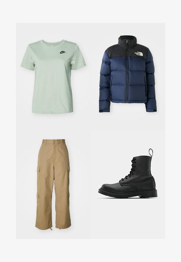 Mørkeblå puffjakke med svart hette og skuldre, med glidelås foran, sydd mønster og logo på venstre brystområde.; Nike Sportswear CLUB TEE - T-shirts - jade horizon; Beige cargo bukser med høj talje, brede ben og fire store sidelommer. Fremstillet af slidstærkt stof med en glat tekstur og minimal detalje.; Svart lær militærstøvel med rund tå, snøring foran og en løftestropp ved ankelen. Har en tykk gummisåle for holdbarhet.