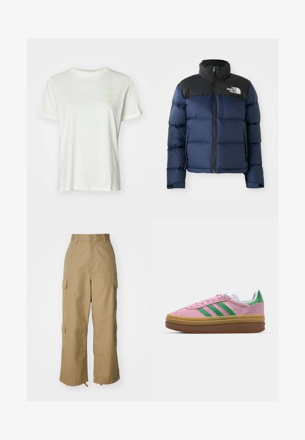 Casaco puffer azul-marinho com capuz e ombros pretos, apresentando fecho éclair frontal, padrão costurado e logótipo na área do peito esquerdo.; T-shirt de algodão branco com decote redondo, mangas curtas e um design floral em tons pastel discreto na parte da frente. Textura suave, corte relaxado.; Calças cargo bege com uma cintura alta, pernas largas e quatro grandes bolsos laterais. Feitas de um tecido resistente com uma textura suave e minimalista.; Ténis de camurça rosa com riscas verdes, detalhes brancos e sola de borracha castanha. Apresenta tecido texturizado e detalhes de logótipo na lateral.