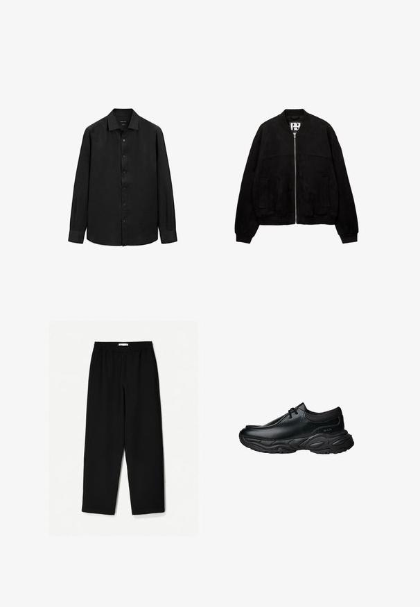 PULL&BEAR Bomberjakke - black; Sort langærmet skjorte lavet af struktureret stof; har en spids krave og knaplukning foran. Enkel design, ingen mønstre.; Sorte, vidde ben bukser lavet af et let stof. Har en elastisk talje og en glat tekstur. Ingen synlige mønstre eller hardware.; Sorte læder slip-on sko med rund tå og tykk tekstureret gummisål. Har diskret syninger og elastiske detaljer ved kraven.