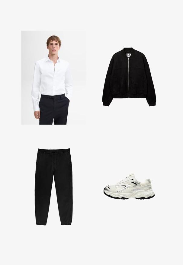 PULL&BEAR Bomberjakke - black; Hvid langærmet skjorte med button-down krave og frontplacket, båret med mørke skræddersyede bukser. Glat stof, rent design.; Sorte elastiske bukser med snøre i taljen, tapered ben, sidelommer og subtile side-syning detaljer. Blød bomuldsstof struktur.; Hvide sneakers med en mesh-overdel, sølvfarvede accenter, sort sål og teksturerede paneler. Har snørebåndsdesign og rund tåform.