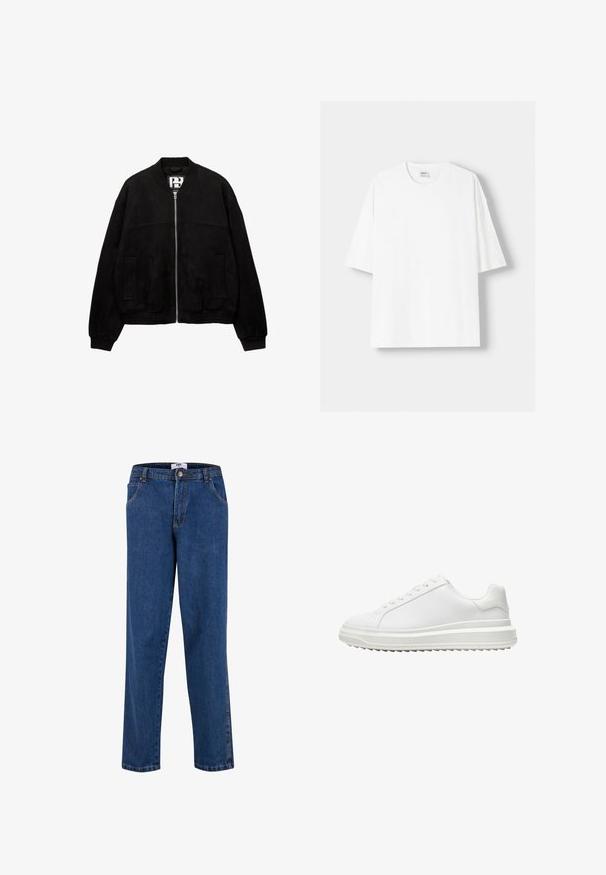 PULL&BEAR - Kurtka Bomber; Biała koszulka z krótkim rękawem wykonana z bawełny, z okrągłym dekoltem i luźnym krojem. Gładka faktura, bez widocznych wzorów lub akcentów.; Niebieskie dżinsy o prostym kroju nogawki, z zapięciem na guziki, przednimi kieszeniami oraz kontrastowym przeszyciem wzdłuż szwów.; Białe sneakersy z gładką syntetyczną cholewką, okrągłym noskiem, płaskimi sznurowadłami, teksturowana podeszwa oraz warstwowym, platformowym designem dla dodatkowej wysokości.