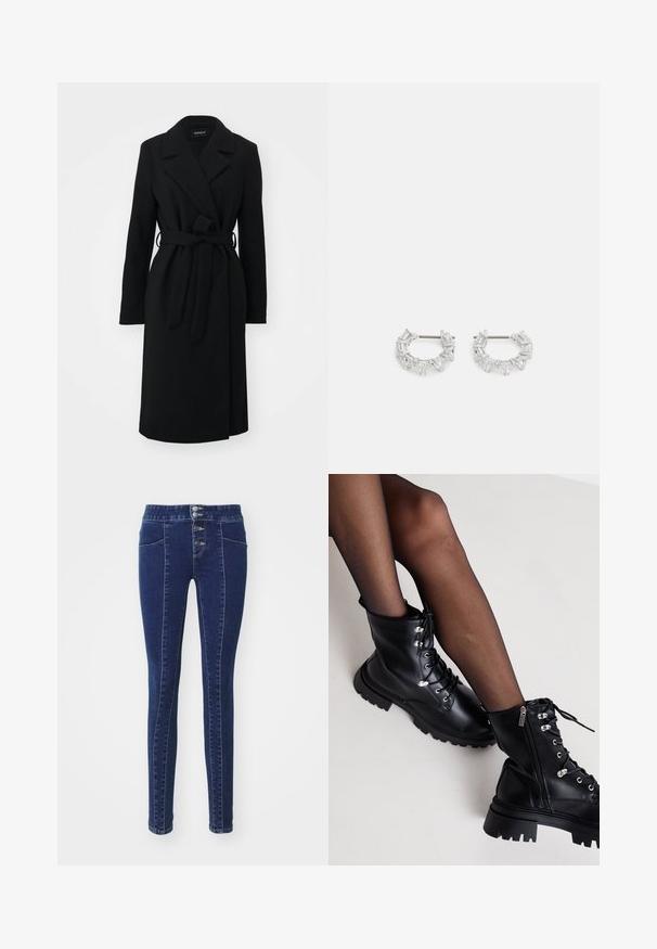 Juodasis apklotinis kailis su notch apykakle, ilgomis rankovėmis, diržu juosmenyje ir tiesiu kirpimu, pagamintas iš švelnios, tekstūrinės medžiagos.; Du kamščių be rankovių juodos ir baltos spalvų, pagaminti iš banguoto medvilnės, su apvaliais kaklo iškirpimais ir priglundančiu siluetu. Matomi etiketės abiejuose.; Tamsiai mėlynos džinsinės kelnės su aukštu juosmeniu, užsegamos penkiomis sagutėmis, dviem priekinėmis kišenėmis ir laisvu siluetu. Sklandus paviršius.; Even&Odd Wide Fit Suvarstomi aulinukai - black; Sidabrinės auskarų kabliukų formos auskarai, papuošti aiškiais, stačiakampiais ir trikampiais kristalais, kurie išdėstyti raštuotu dizainu. Tvirtinimai, užtikrinantys saugų prilaikymą.