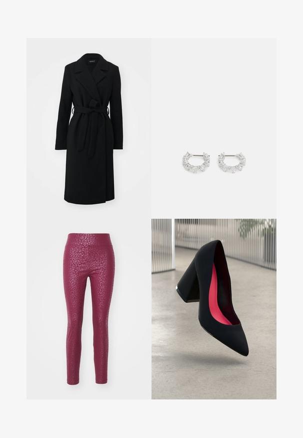 Black wrap coat featuring a notched collar, long sleeves, belt at the waist, and a straight cut, made from a soft, textured fabric.; Black ribbed tank top with scalloped lace trim at the hem. Features thin straps and a fitted design. Made from stretchable fabric.; Fitted leggings in a burgundy color featuring a textured leopard print pattern, with a high waistband and smooth finish.; Black high heel shoe with a pointed toe, textured surface, and a vibrant pink interior. Features a chunky heel with silver accent.; Silver hoop earrings featuring clear, rectangular and triangular crystals arranged in a patterned design. Posts for secure fastening.