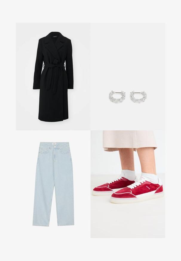 Abrigo negro con solapas, mangas largas, cinturón en la cintura y corte recto, hecho de un tejido suave y texturizado.; Tres camisetas de manga larga apiladas: negra, gris y blanca. Cada una tiene un escote redondo y un diseño recortado con una tela suave y ligera.; Jeans de mezclilla de pierna ancha en azul claro, con una cintura de altura media, cinco bolsillos y un cierre de botón con un acabado metálico delgado.; Zapatillas de gamuza roja con acentos y cordones blancos, que cuentan con una suela de goma suave y elementos de diseño minimalistas.; Pendientes de aro de plata con cristales claros, rectangulares y triangulares dispuestos en un diseño en patrones. Con tachuelas para un cierre seguro.