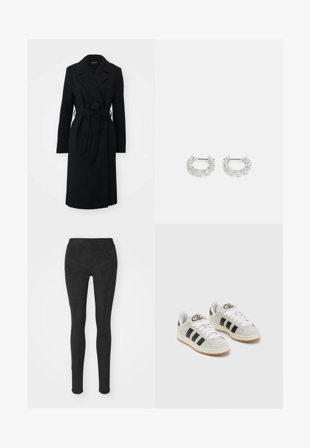 Musthave mustriid nurgataguse kraega, pikkade varrukatega, vööst reguleeritav ja sirge lõikega, valmistatud pehmest tekstuuriga kangast.; Kolm pikkade varrukatega toppi, mis on üksteise peale asetatud: must, hall ja valge. Igal ühel on ümar kaelus ja lühike disain, valmistatud siledast, kergekaalulisest kangast.; Musta retuus pehmest, venivast kangast. Omab kõrget vööd ja sujuvat, mati tekstuuri ilma nähtavate õmbluste või mustriteta.; Hallid hallid nahkrennid valgete paeltega, mustade triipudega ja valge kummitaldiga. Omab ümmargust logo keeles ja kummitalda.; Hõbedased rõngakõrvarõngad, millel on selged, ristkülikukujulised ja kolmnurkse kujuga kristallid, mis on paigutatud mustriga disaini. Kõrvarõngaid kinnitavad postid, et tagada kindel kinnitamine.