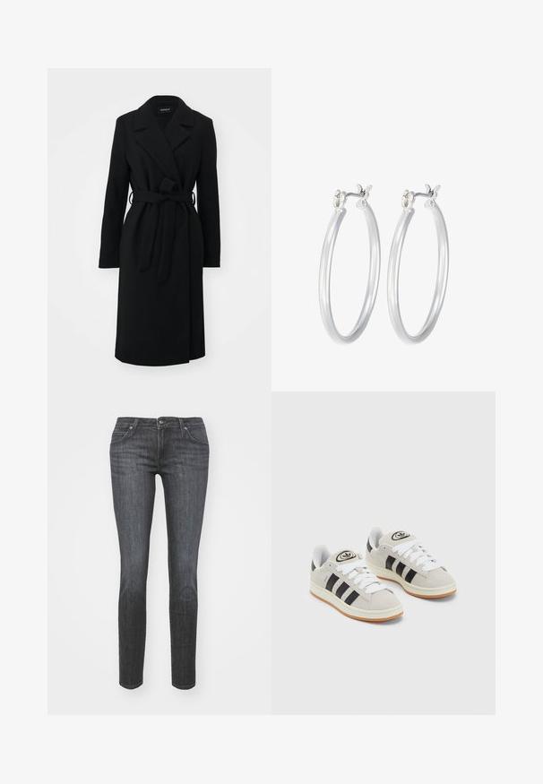 Musthave mustriid nurgataguse kraega, pikkade varrukatega, vööst reguleeritav ja sirge lõikega, valmistatud pehmest tekstuuriga kangast.; Kolm pikkade varrukatega toppi, mis on üksteise peale asetatud: must, hall ja valge. Igal ühel on ümar kaelus ja lühike disain, valmistatud siledast, kergekaalulisest kangast.; Heledad teksad tumedas hallis denimis, klassikalise viie tasku disainiga, vöötoonidega, lukuga ja kergelt tuhmumisega, et lisada tekstuuri.; Hallid hallid nahkrennid valgete paeltega, mustade triipudega ja valge kummitaldiga. Omab ümmargust logo keeles ja kummitalda.; Hõbedased rõngaskõrvarõngad, millel on sile, läikiv viimistlus. Ümmargune kuju ja turvaline klõpsulatus. Kerge disain, sobib igapäevaseks kandmiseks.