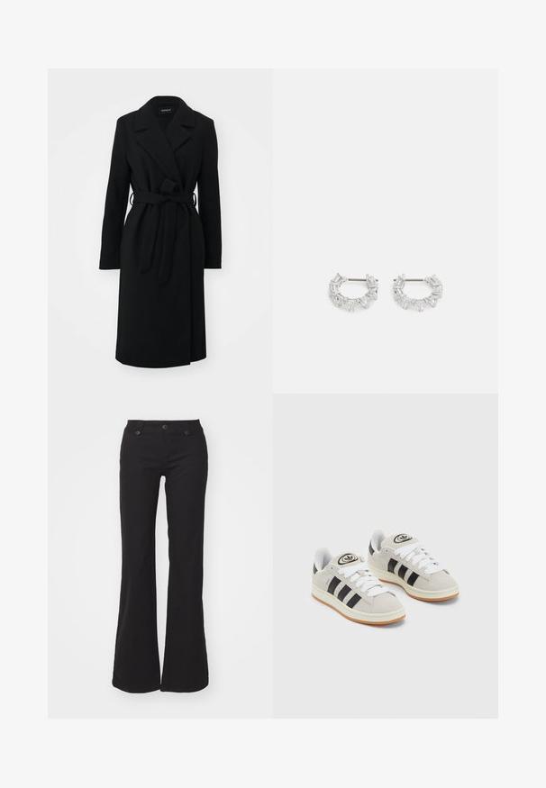 Black wrap coat featuring a notched collar, long sleeves, belt at the waist, and a straight cut, made from a soft, textured fabric.; Three long-sleeve tops stacked: black, grey, and white. Each has a round neckline and a cropped design with smooth, lightweight fabric.; Black flared pants made from cotton with a zip fly and two buttons, featuring front pockets and a smooth texture. Simple and versatile design.; Gray suede sneakers with white laces, black stripes, and a white rubber sole. Features a circular logo on the tongue and a gum sole.; Silver hoop earrings featuring clear, rectangular and triangular crystals arranged in a patterned design. Posts for secure fastening.