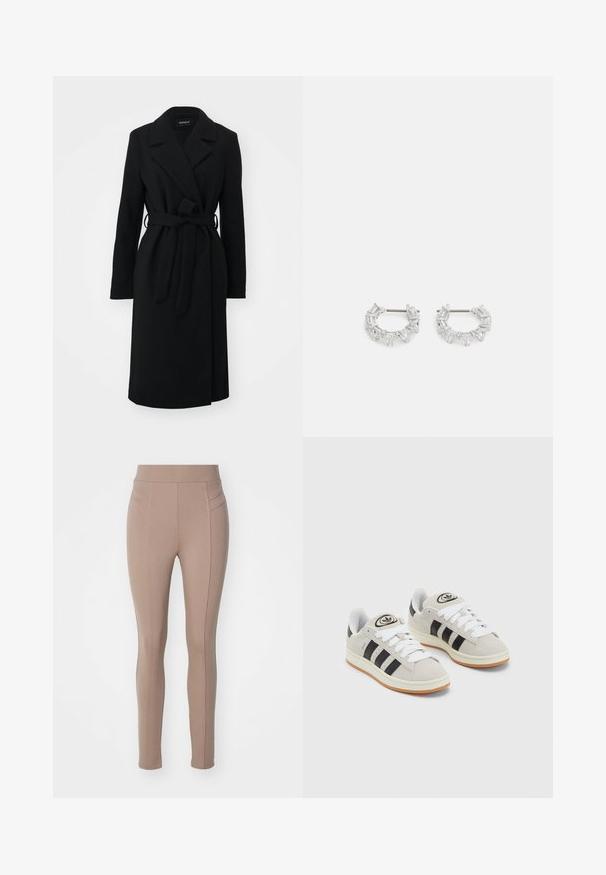 Fekete, stílusos kabát hajtott gallérral, hosszú ujjakkal, derékon övvel, egyenes szabással, puha, textúrázott anyagból készült.; Három hosszú ujjú póló egymásra rakva: fekete, szürke és fehér. Mindegyiknek kerek nyaka van, és rövidített fazonnal rendelkezik, sima, könnyű anyagból készült.; Beige leggings rugalmas anyagból, magas derekú, elülső ívelt varrással a testhez simuló sziluettért.; Szürke velúr sportcipők fehér fűzővel, fekete csíkokkal és fehér gumitalppal. A nyelvén kör alakú logó található, illetve a talpa színes gumi.; Ezüst karika fülbevalók, átlátszó, téglalap és háromszög alakú kristályokkal, mintás elrendezésben. Biztonságos rögzítést biztosító fülbevaló pálcikák.