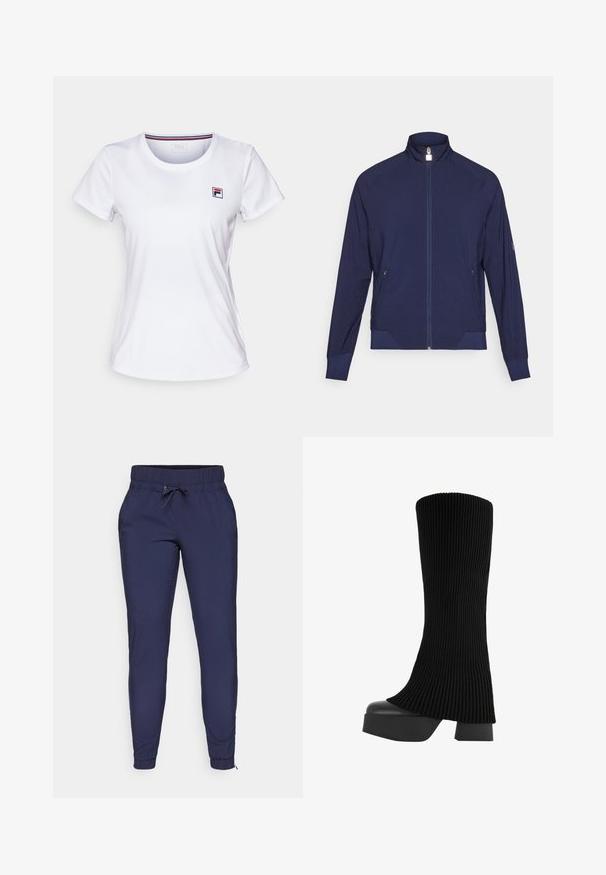 Navy zip-up jacket with high collar, textured side panels, and two side pockets. Soft, stretchy fabric with perforated detailing.; White short-sleeve T-shirt made of lightweight fabric. Features a round neck and a small colored logo on the left chest. Simple design.; Navy blue jogger pants with an elastic waistband and adjustable drawstring, featuring tapered legs and ribbed ankle cuffs. Smooth fabric texture.; Black knee-high boot with a ribbed fabric upper, chunky platform sole, and block heel, featuring a smooth texture and sleek, modern design.