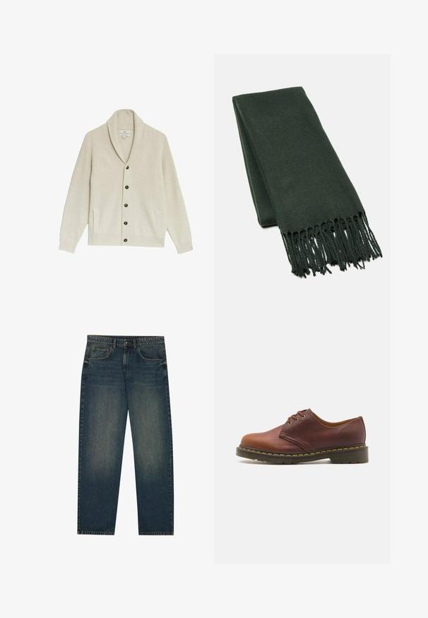 Olijfgroene wollen jas met dubbele knopen sluiting, brede revers en voorzakken. Gedragen over een zwarte coltrui.; Beige ribbeltrui met een sjaalkraag, vijf donkere knopen, twee zijzakken en een textuurstof.; Witte katoenen t-shirt met een ronde hals, korte mouwen en een relaxte pasvorm. Heeft een eenvoudig ontwerp zonder patronen of accenten.; Jonge man met krullend haar in een rood geruit shirt over een witte tanktop, zwarte broek, met zichtbare tatoeages op zijn nek en handen, en zilveren ringen.; Donkerblauwe spijkerbroek met een recht model, vijf zakken en een lichte vervaging op de benen. Geschikt voor casual draagstijl.; Bruine leren schoen met een gladde afwerking, ronde neus en vetersluiting met vijf gaatjes. Voorzien van gele stiksels langs de zool en een gestructureerde hak.; Donkergroene sjaal gemaakt van zachte stof, met een strak ontwerp en gefranjeerde randen voor extra textuur.; Bruine canvas schoudertas met een klep, voorzien van twee leren riemen, metalen accessoires en een zijvak met rits.