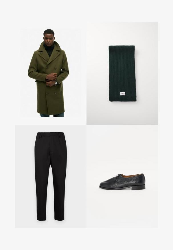 Oliwkowy wełniany płaszcz z podwójnym zapięciem na guziki, szerokimi klapami i przednimi kieszeniami. Noszony na czarnym golfie.; Beżowa, czarna i brązowa koszula w kratę z długim rękawem, z zapięciem na guziki, dwiema kieszeniami na piersi oraz klasycznym kołnierzykiem.; Dwie białe bawełniane koszulki z okrągłymi dekoltami i krótkimi rękawami, z małym czarnym logo polo po lewej dolnej stronie.; Czarne spodnie z elastycznym paskiem w talii, zwężanymi nogawkami i gładką teksturą. Charakteryzują się minimalną ilością szwów, bez widocznych elementów metalowych czy akcentów.; Czarna skórzana pantofel z teksturowanym wykończeniem, okrúgłym noskiem i małym akcentem w postaci kokardy na cholewce. Posiada niski, solidny obcas.; Ciemnozielony, prążkowany szalik w formacie prostokątnym z małą białą metką "ARRKK" na dole. Miękka tekstura.