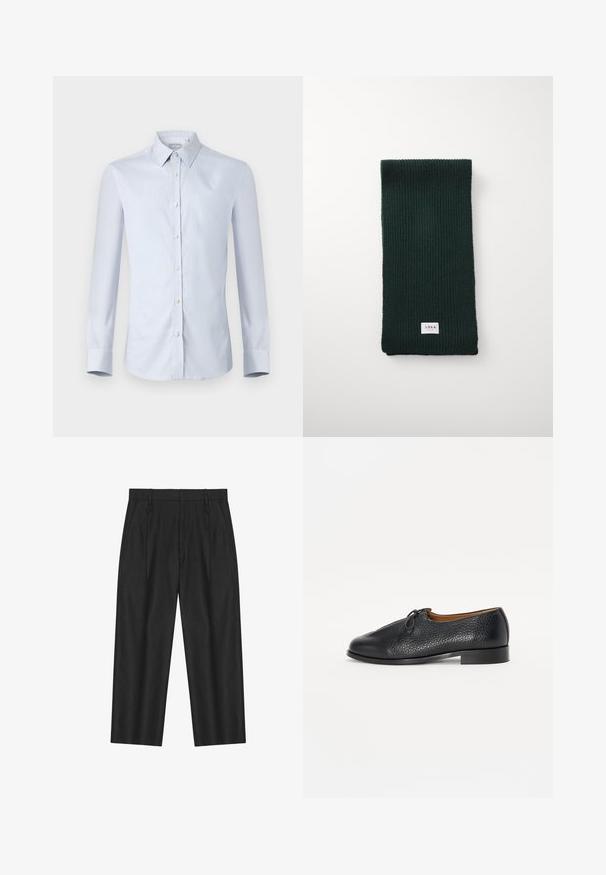 Oliwkowy wełniany płaszcz z podwójnym zapięciem na guziki, szerokimi klapami i przednimi kieszeniami. Noszony na czarnym golfie.; Jasnoniebieska koszula z długim rękawem i usztywnionym kołnierzykiem, z subtelnym wzorem siatki oraz białymi guzikami z przodu.; Dwie białe bawełniane koszulki z okrągłymi dekoltami i krótkimi rękawami, z małym czarnym logo polo po lewej dolnej stronie.; Czarne spodnie proste z paskiem, z kieszeniami bocznymi i lekko plisowanym przodem.; Czarna skórzana pantofel z teksturowanym wykończeniem, okrúgłym noskiem i małym akcentem w postaci kokardy na cholewce. Posiada niski, solidny obcas.; Ciemnozielony, prążkowany szalik w formacie prostokątnym z małą białą metką "ARRKK" na dole. Miękka tekstura.