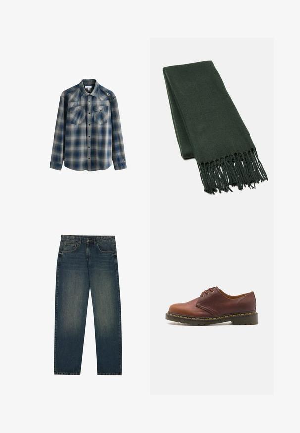 Manteau en laine vert olive avec fermeture à double boutonnage, larges revers et poches avant. Porté sur un col roulé noir.; Chemise à manches longues en tartan bleu et gris avec un col boutonné, deux poches poitrine et une texture légèrement délavée. Dispose de fermetures à pression.; T-shirt en coton blanc avec un col rond, des manches courtes et une coupe décontractée. Présente un design uni sans motifs ni accents.; Jean en denim bleu foncé avec une coupe droite, un design à cinq poches et une légère texture décolorée sur les jambes. Convient pour un usage décontracté.; Chaussure en cuir marron avec une finition lisse, bout rond et laçage à cinq œillets. Présente des coutures jaunes le long de la semelle et un talon texturé.; Écharpe vert foncé en tissu doux, avec un design épuré et des bords à franges pour plus de texture.; Sac de messager en toile marron avec une fermeture à rabat, comportant deux sangles en cuir, des éléments en métal et une poche zippée sur le côté.