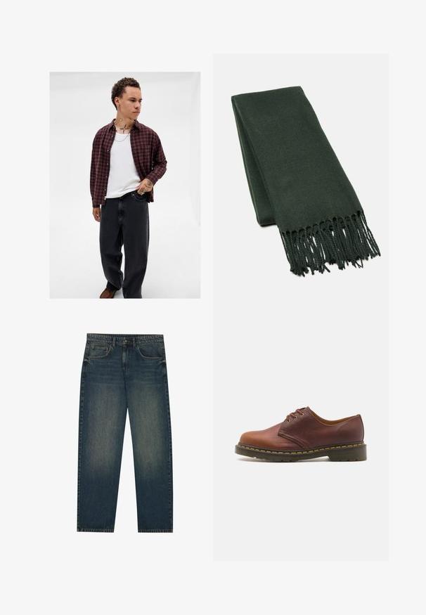 Olijfgroene wollen jas met dubbele knopen sluiting, brede revers en voorzakken. Gedragen over een zwarte coltrui.; Jonge man met krullend haar in een rood geruit shirt over een witte tanktop, zwarte broek, met zichtbare tatoeages op zijn nek en handen, en zilveren ringen.; Witte katoenen t-shirt met een ronde hals, korte mouwen en een relaxte pasvorm. Heeft een eenvoudig ontwerp zonder patronen of accenten.; Donkerblauwe spijkerbroek met een recht model, vijf zakken en een lichte vervaging op de benen. Geschikt voor casual draagstijl.; Bruine leren schoen met een gladde afwerking, ronde neus en vetersluiting met vijf gaatjes. Voorzien van gele stiksels langs de zool en een gestructureerde hak.; Donkergroene sjaal gemaakt van zachte stof, met een strak ontwerp en gefranjeerde randen voor extra textuur.; Bruine canvas schoudertas met een klep, voorzien van twee leren riemen, metalen accessoires en een zijvak met rits.