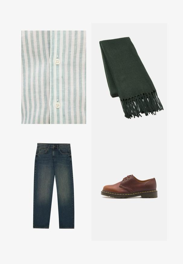 Olijfgroene wollen jas met dubbele knopen sluiting, brede revers en voorzakken. Gedragen over een zwarte coltrui.; Gestreept shirt met lichtblauwe en witte verticale strepen, gemaakt van een lichtgewicht stof, met een zichtbare witte knop en gestikte details.; Witte katoenen t-shirt met een ronde hals, korte mouwen en een relaxte pasvorm. Heeft een eenvoudig ontwerp zonder patronen of accenten.; Donkerblauwe spijkerbroek met een recht model, vijf zakken en een lichte vervaging op de benen. Geschikt voor casual draagstijl.; Bruine leren schoen met een gladde afwerking, ronde neus en vetersluiting met vijf gaatjes. Voorzien van gele stiksels langs de zool en een gestructureerde hak.; Donkergroene sjaal gemaakt van zachte stof, met een strak ontwerp en gefranjeerde randen voor extra textuur.; Bruine canvas schoudertas met een klep, voorzien van twee leren riemen, metalen accessoires en een zijvak met rits.