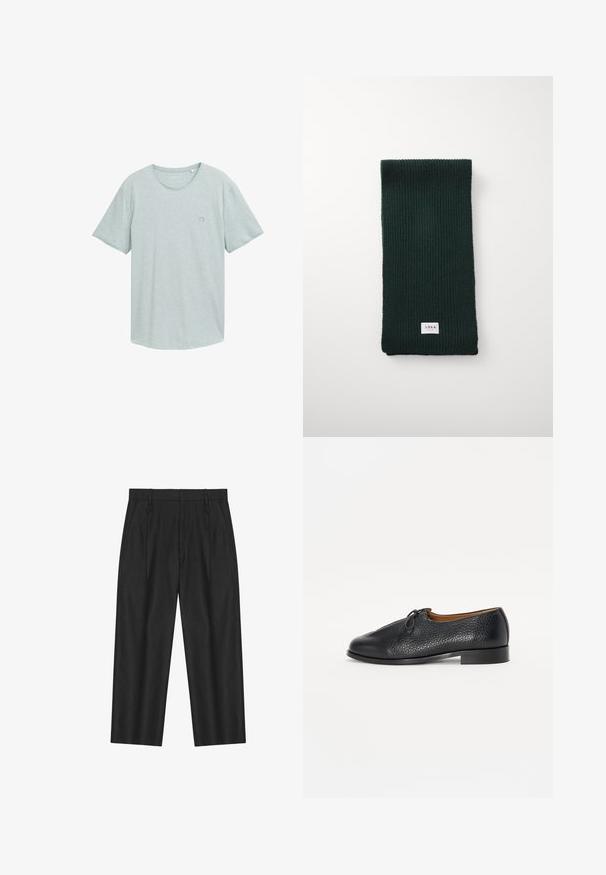 Olivgrüner Wollmantel mit doppelt geknöpftem Verschluss, breiten Revers und Fronttaschen. Trägt man über einem schwarzen Rollkragenpullover.; Helles graues T-Shirt mit kurzen Ärmeln und rundem Ausschnitt, aus weichem Baumwollstoff gefertigt, mit einem kleinen Logo-Detail auf der linken Brust.; Langärmliges kariertes Hemd aus beigem, schwarzem und braunem Stoff, mit Knopfverschluss, zwei Brusttaschen und klassischem Kragen.; Schwarze gerade Hosen mit Gürtelschlaufen, Seitentaschen und einem leicht gefalteten Design auf der Vorderseite.; Schwarzer Lederschuh mit texturiertem Finish, runder Zehe und einem kleinen Schleifenakzent im oberen Bereich. Verfügt über einen niedrigen, stabilen Absatz.; Dunkelgrüner gerippter Strickschal in rechteckiger Form mit einem kleinen weißen Etikett mit "ARRKK" am unteren Ende. Weiche Textur.; Braune Leder-Umhängetasche mit einer flachen Vorderklappe, zwei Riemen, goldenen Hardware-Akzenten und einem verstellbaren Schultergurt.