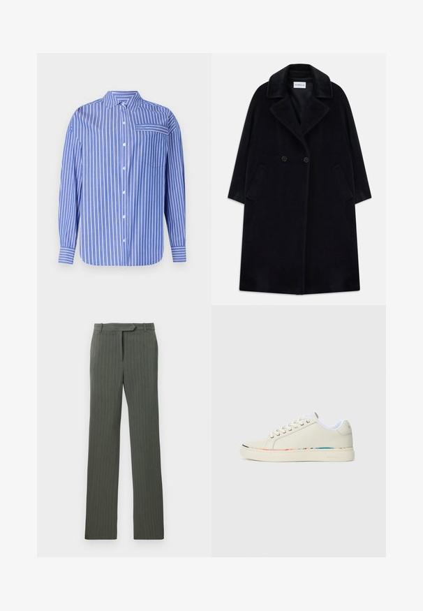 Juodas ilgas vilnonis paltas su plačiomis apykaklėmis, dvigubais mygtukais, šoninėmis kišenėmis ir Marella etikete ant apykaklės viduje.; Mėlyna ir balta dryžuota marškinė su apykakle, ilgomis rankovėmis, priekine kišene ir šiek tiek suapvalintu kraštu. Pagaminta iš švelnios medžiagos.; Tamsiai pilkos dryžuotos pritaikytos kelnės su diržo kilpomis ir tiesiu kojų fasonu, išskleistos ant balto fono.; Off-white žemo profilio sportiniai bateliai su raišteliais, balta vidinė apdaila ir subtilus daugiaspalvis apvadas aplink pado kraštą, šoninis vaizdas.
