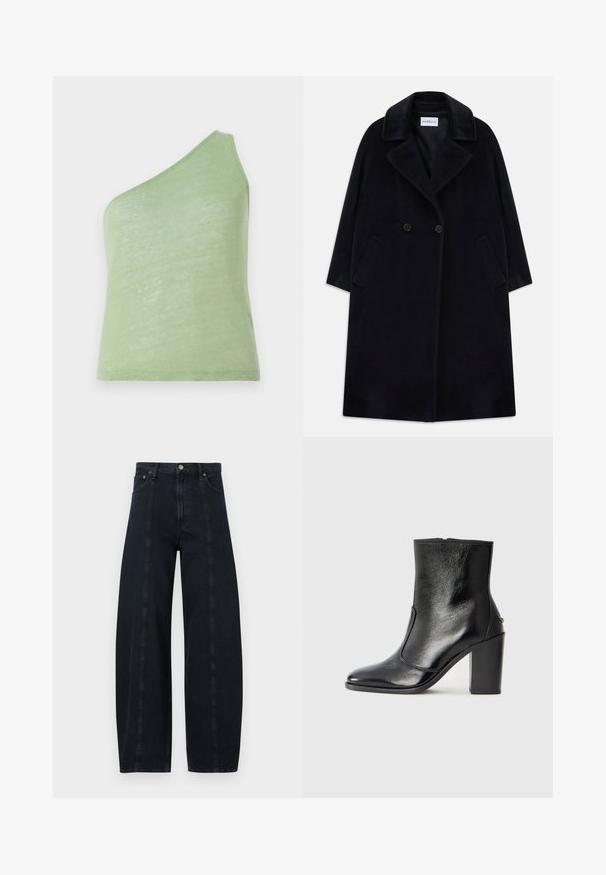 Musta pitkä villakangastakki, jossa on leveät kaulukset, kaksiriviset napit, sivutaskut ja Marella-tunnus kauluksessa.; Asymmetriska gröna linne i mjukt, lätt material, med en axelrem och en slät textur.; Korkeavyötäröiset, tummansiniset leveälahkeiset farkut, joissa on kontrastiväriset saumat ja klassinen viiden taskun malli. Sileä pinta, ei näkyviä kuvioita.; Mustat nahka ankle bootit, joissa on sileä pinta, terävä kärki ja paksu korkea korko. Sivusaumassa on avaus ja muuten yksinkertainen muotoilu.